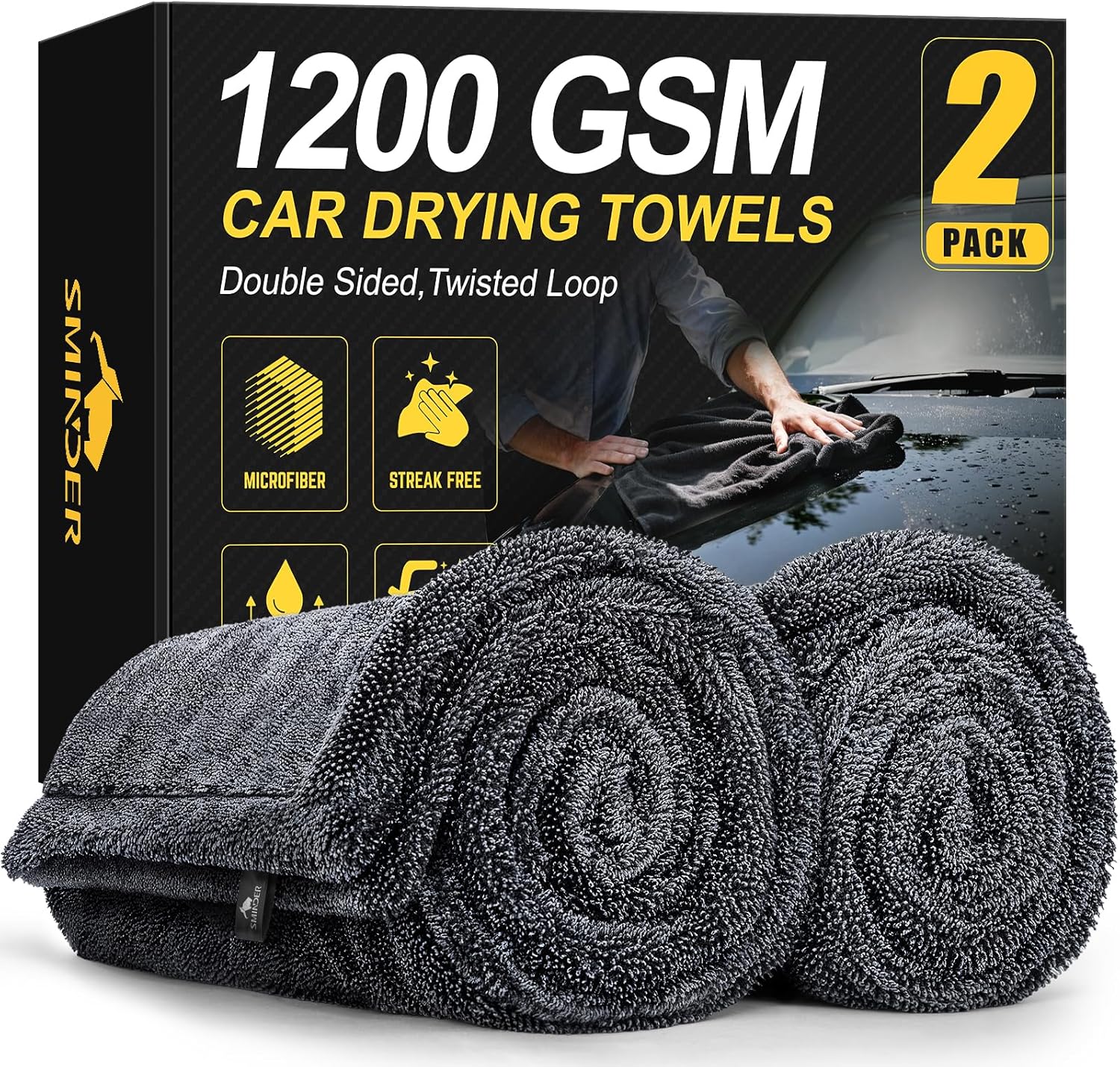 91bmssl38CL._AC_SL1500_ SMINDER 2-Pack 1200 GSM Car Drying Towels – Microfiber Towels for Cars - Image 1